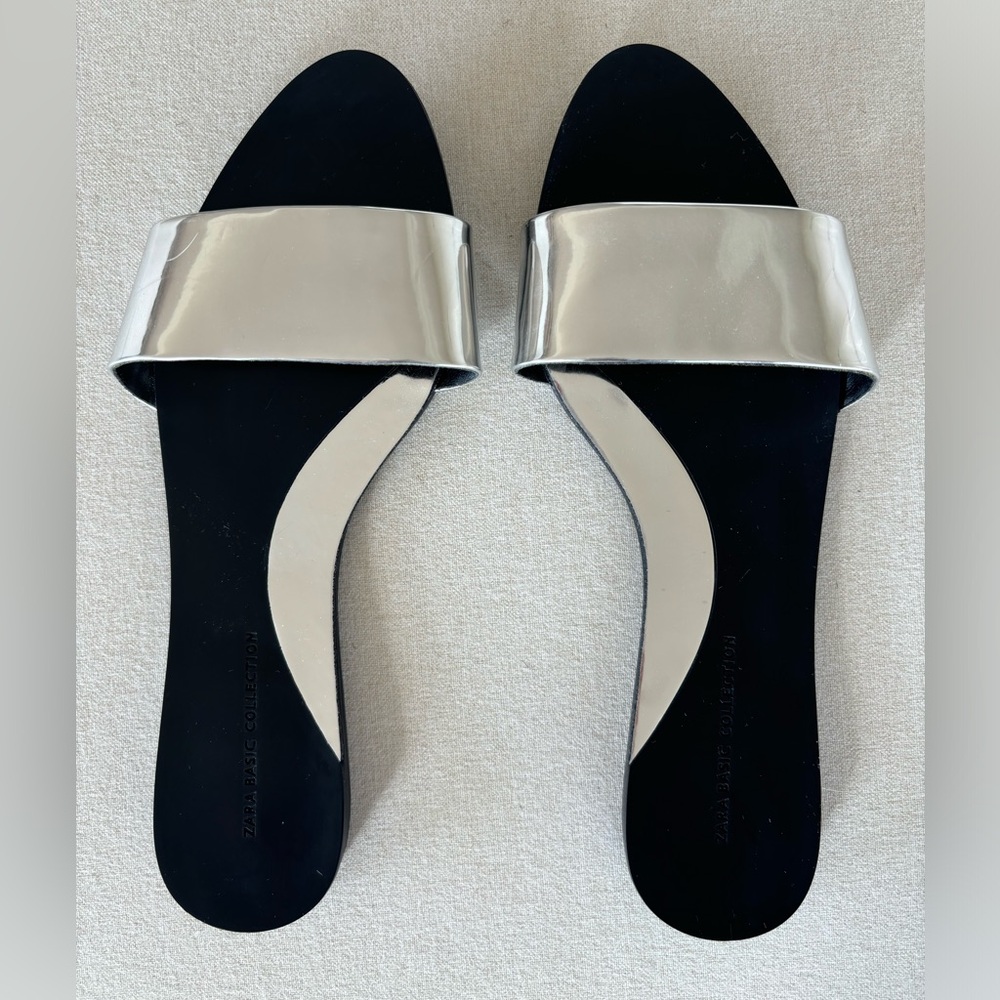 Zara basic slides sandals silver mirror metallic 37 6.5 7 NWOT